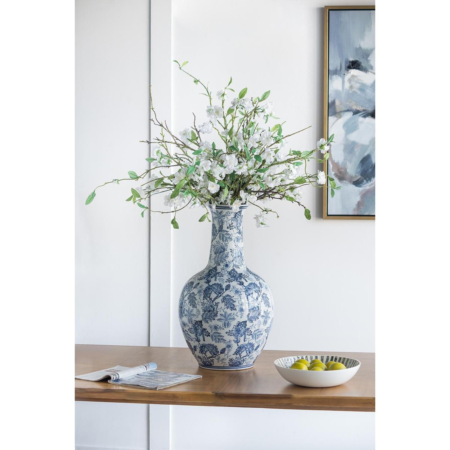 24" Blue And White Floral Curved Porcelain Table Vase - Loft&Timber