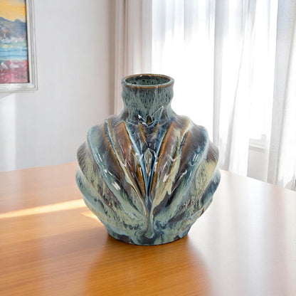 11" Blue Beige And Brown Abstract Wavy Ceramic Table Vase - Loft&Timber