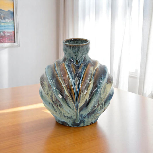 11" Blue Beige And Brown Abstract Wavy Ceramic Table Vase - Loft&Timber