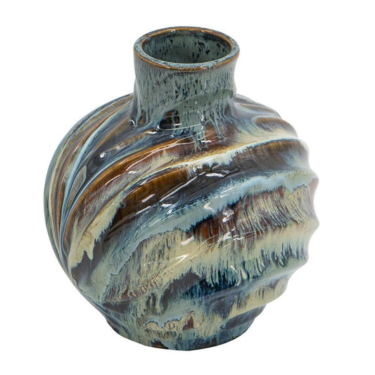 11" Blue Beige And Brown Abstract Wavy Ceramic Table Vase - Loft&Timber