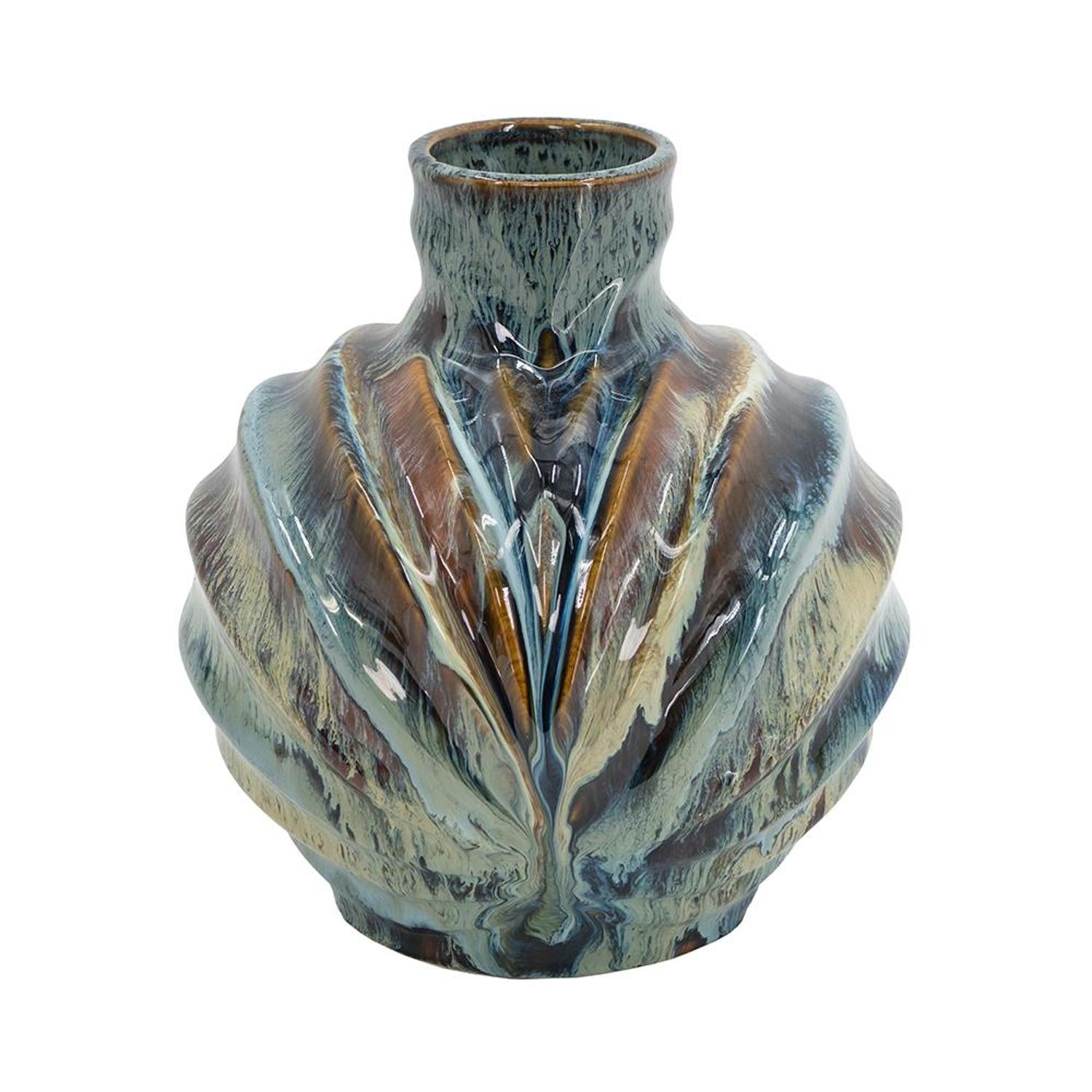 11" Blue Beige And Brown Abstract Wavy Ceramic Table Vase - Loft&Timber