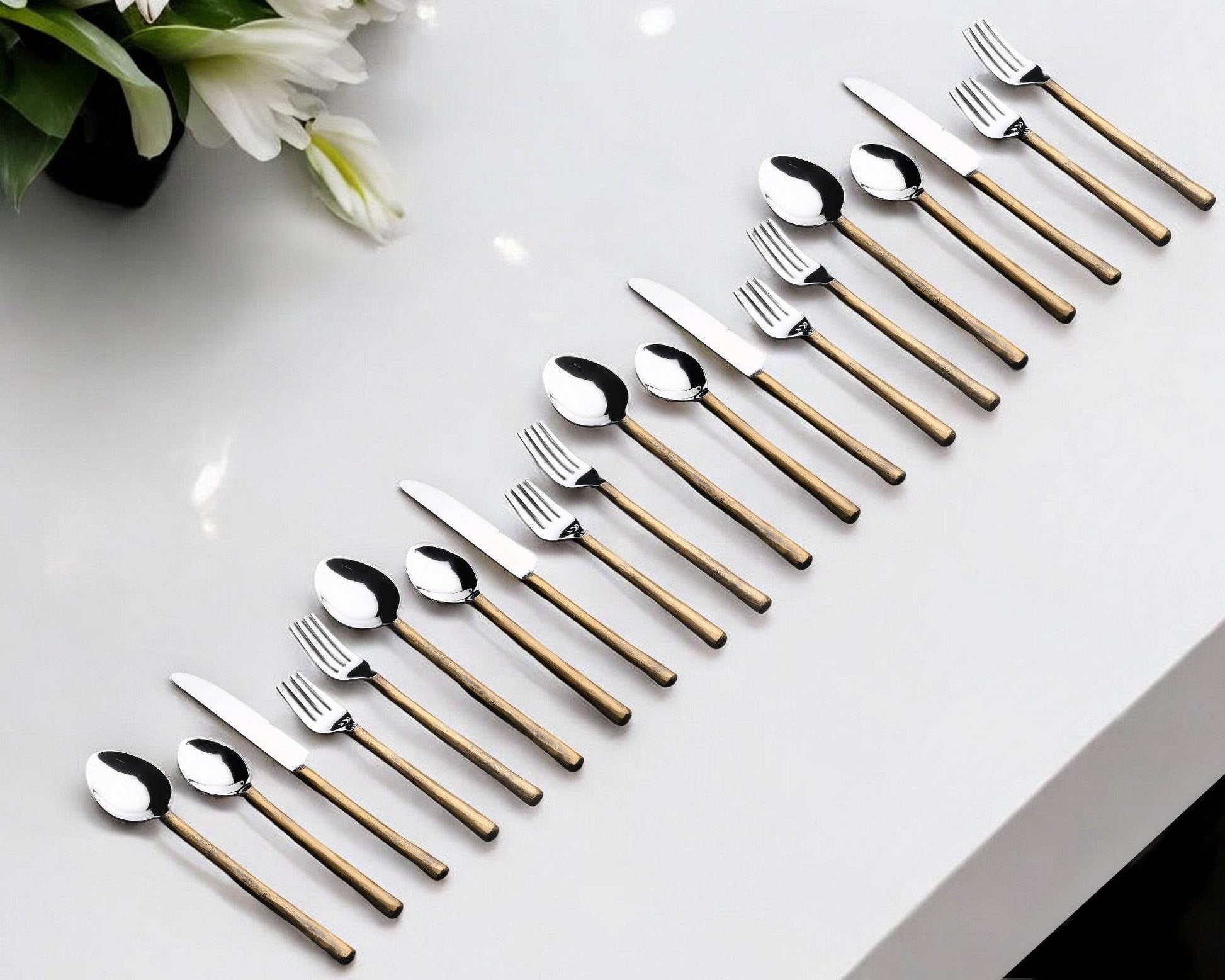 Matte Gold Stainless Steel Twenty Piece Hand Forged Flatware Set - Loft&Timber