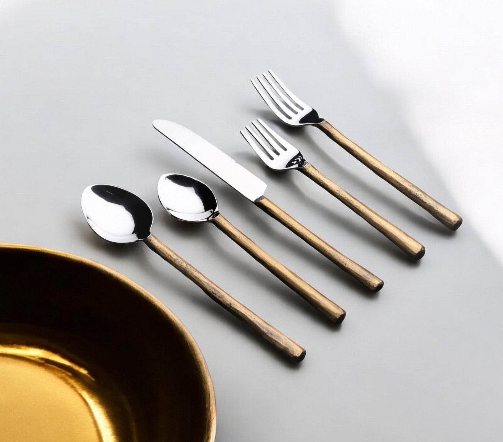 Matte Gold Stainless Steel Twenty Piece Hand Forged Flatware Set - Loft&Timber