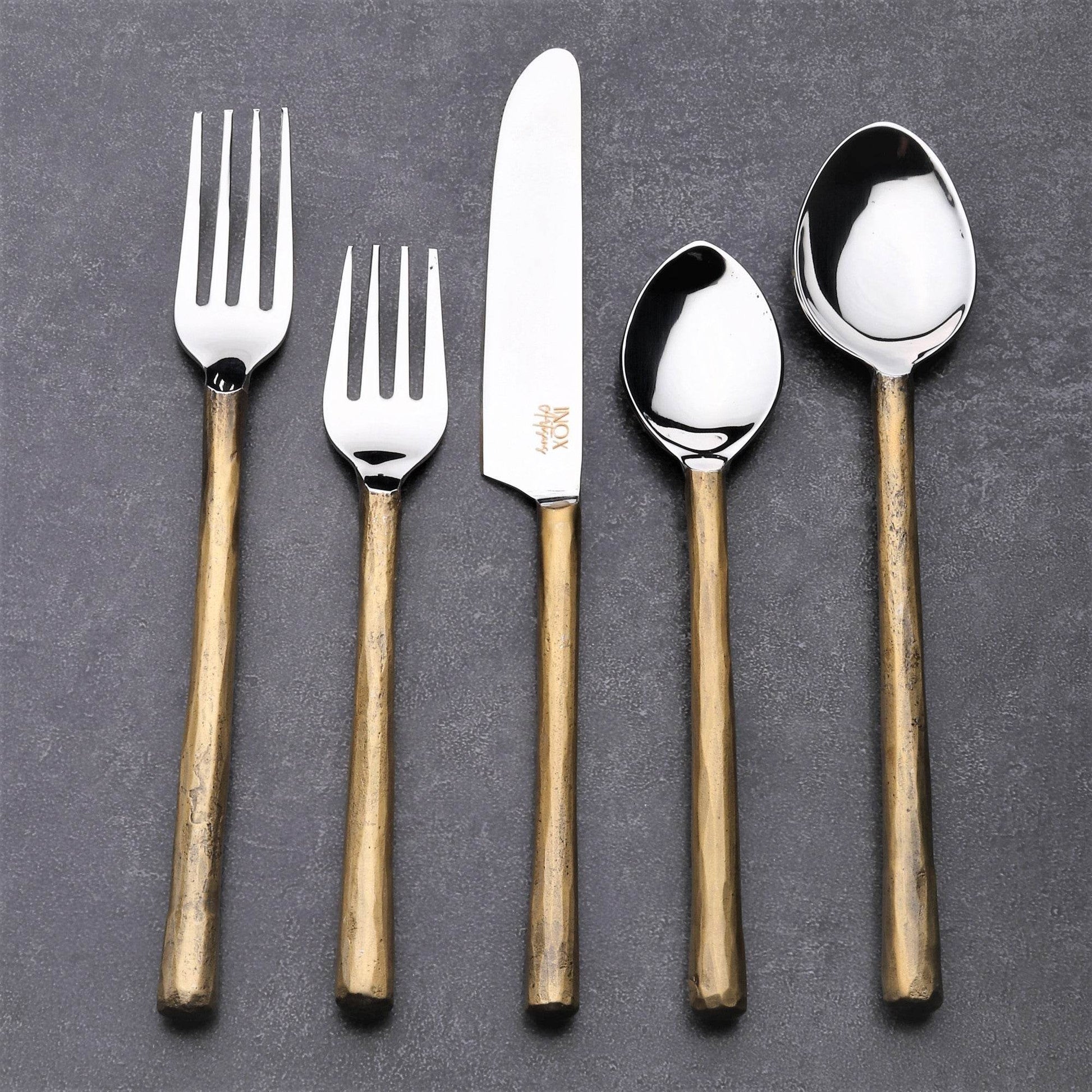 Matte Gold Stainless Steel Twenty Piece Hand Forged Flatware Set - Loft&Timber