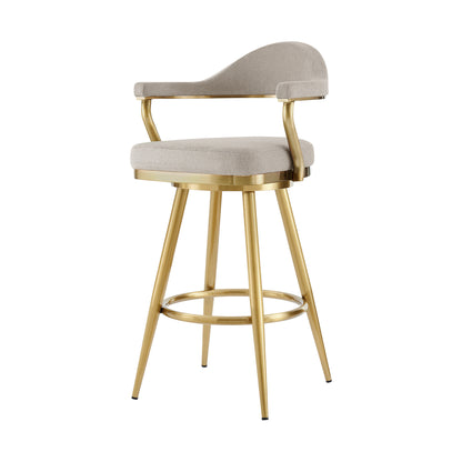 30" Taupe and Gold Fabric and Stainless Steel Bar Height Swivel Bar Chair - Loft&Timber