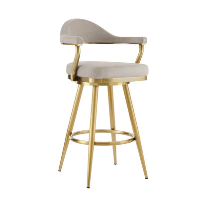 30" Taupe and Gold Fabric and Stainless Steel Bar Height Swivel Bar Chair - Loft&Timber