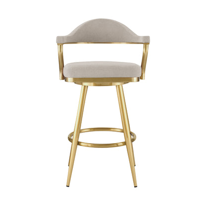 30" Taupe and Gold Fabric and Stainless Steel Bar Height Swivel Bar Chair - Loft&Timber