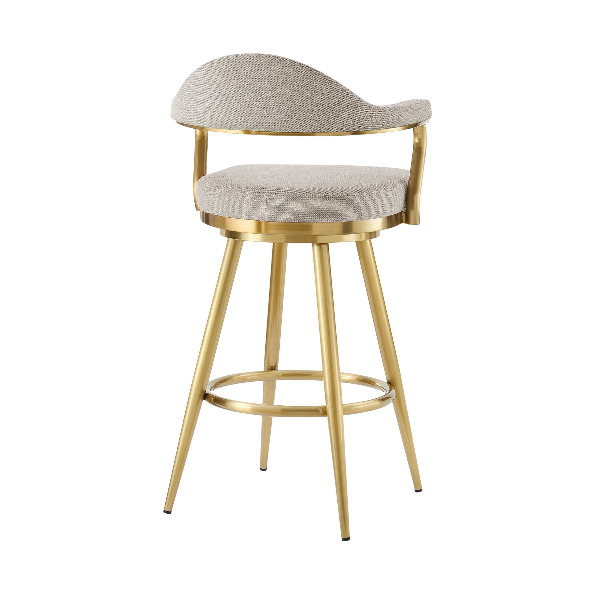 30" Taupe and Gold Fabric and Stainless Steel Bar Height Swivel Bar Chair - Loft&Timber