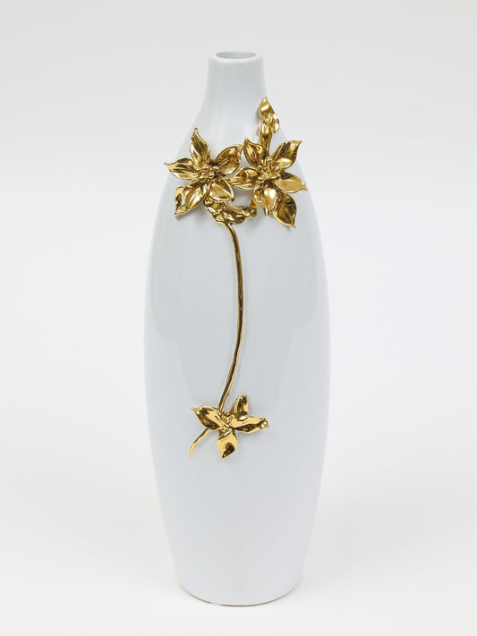 18" Gold Floral Oval Ceramic Table Vase With Sculptural Details - Loft&Timber