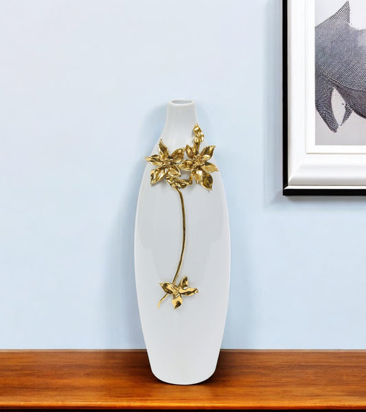 18" Gold Floral Oval Ceramic Table Vase With Sculptural Details - Loft&Timber