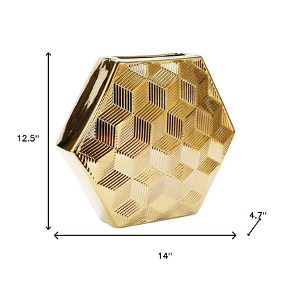 13" Gold Geometric Ceramic Table Vase With Sculptural Details - Loft&Timber