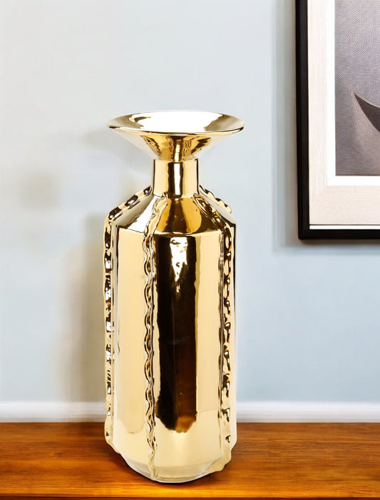 21" Gold Trumpet Ceramic Table Vase With Sculptural Details - Loft&Timber