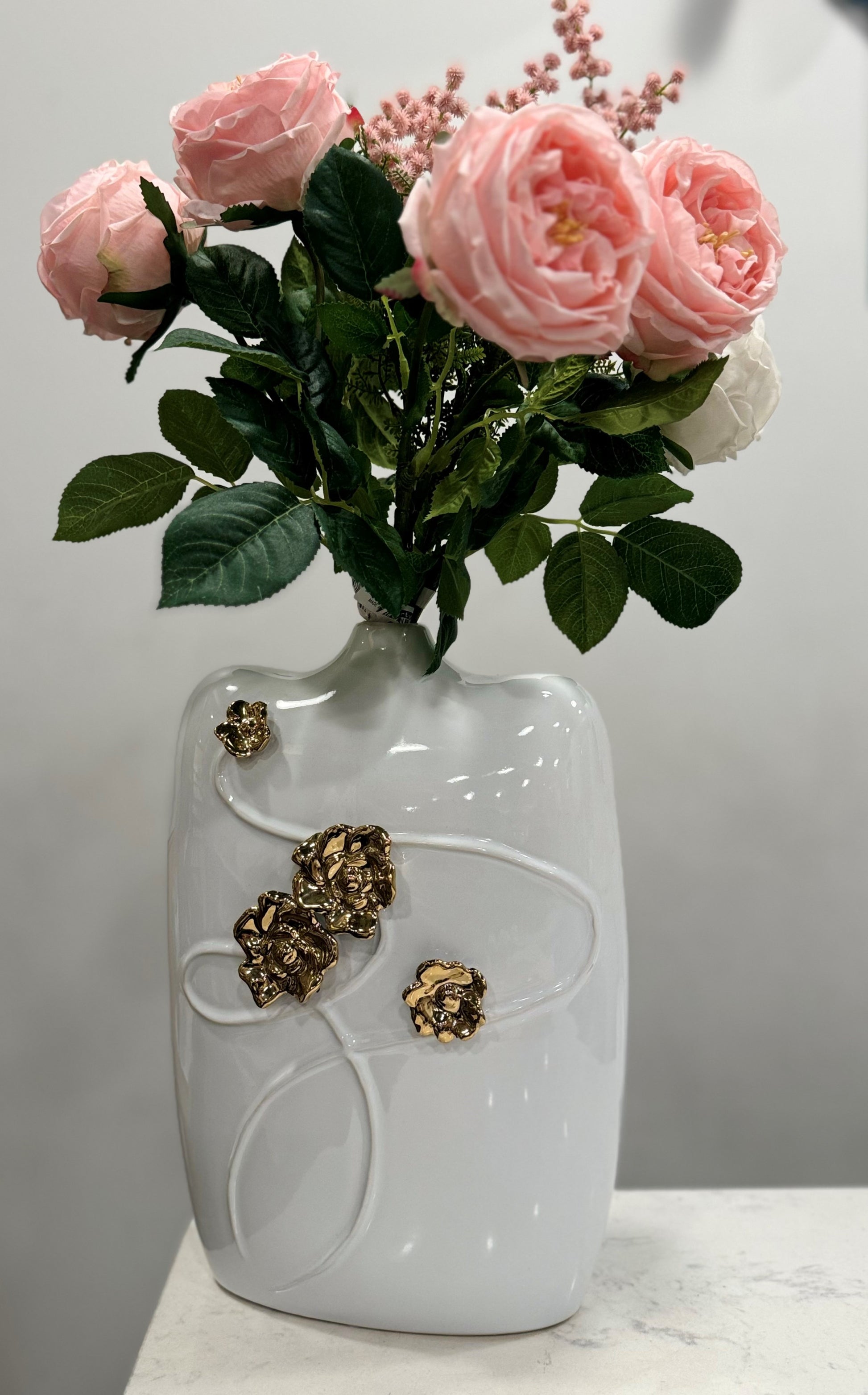 14" White Floral Ceramic Table Vase With Sculptural Details - Loft&Timber
