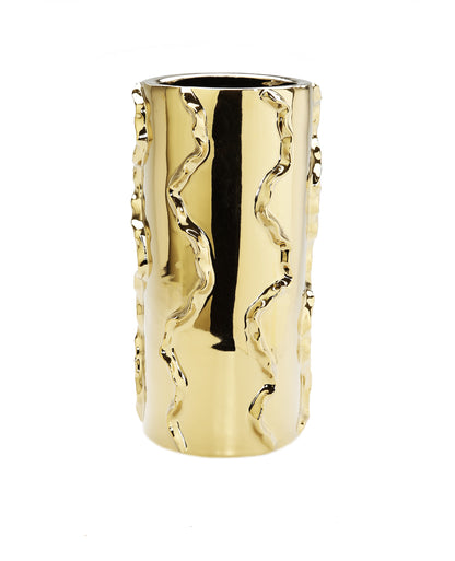12" Gold Cylinder Ceramic Table Vase With Sculptural Details - Loft&Timber
