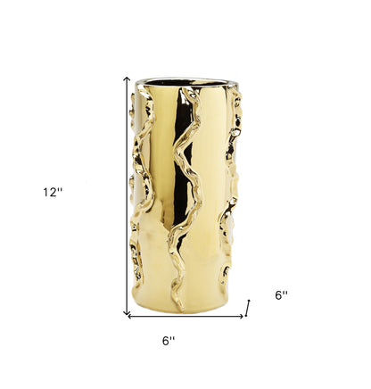 12" Gold Cylinder Ceramic Table Vase With Sculptural Details - Loft&Timber