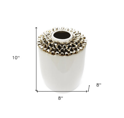 10" White Round Ceramic Table Vase With Sculptural Details - Loft&Timber