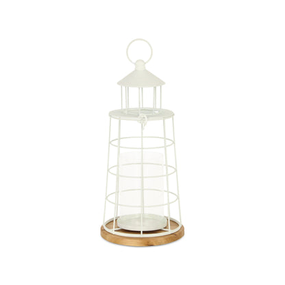 15" White And Natural Metal And Wood Lighthouse Tabletop Lantern Candle Holder - Loft&Timber