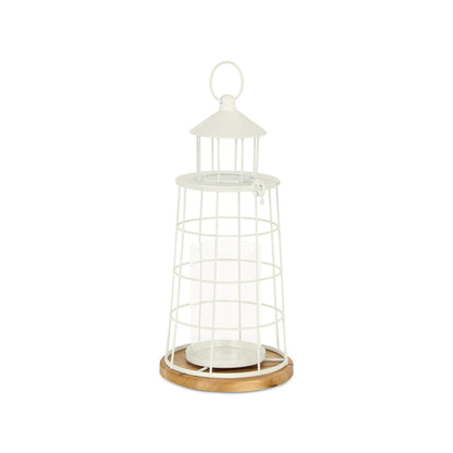 15" White And Natural Metal And Wood Lighthouse Tabletop Lantern Candle Holder - Loft&Timber