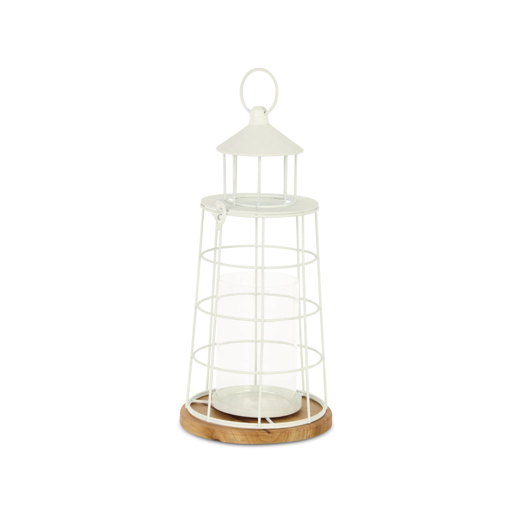 15" White And Natural Metal And Wood Lighthouse Tabletop Lantern Candle Holder - Loft&Timber