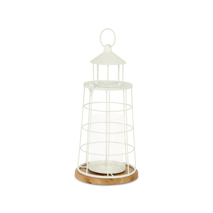 15" White And Natural Metal And Wood Lighthouse Tabletop Lantern Candle Holder - Loft&Timber
