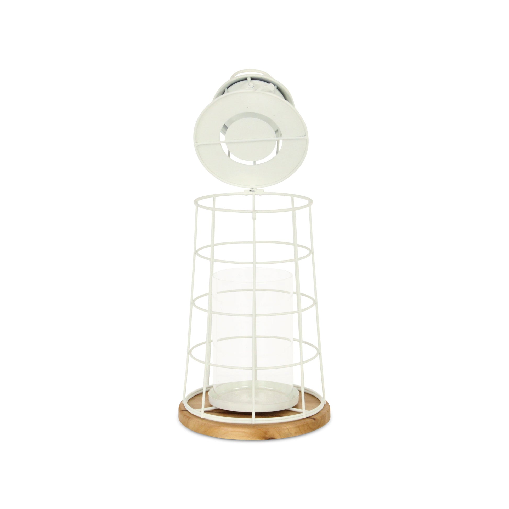 15" White And Natural Metal And Wood Lighthouse Tabletop Lantern Candle Holder - Loft&Timber