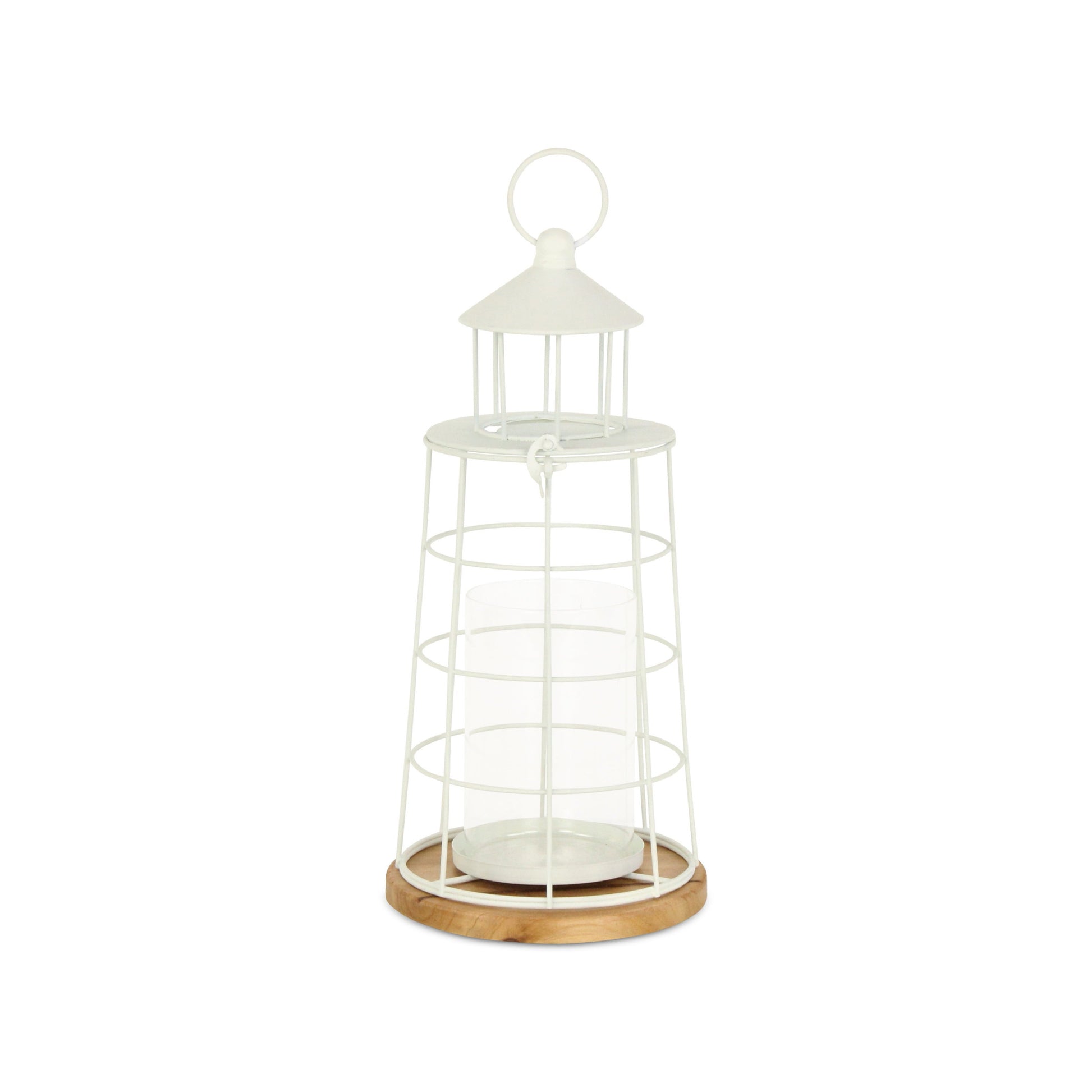 15" White And Natural Metal And Wood Lighthouse Tabletop Lantern Candle Holder - Loft&Timber