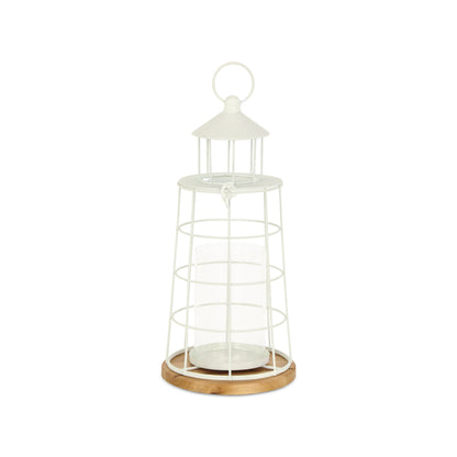 15" White And Natural Metal And Wood Lighthouse Tabletop Lantern Candle Holder - Loft&Timber