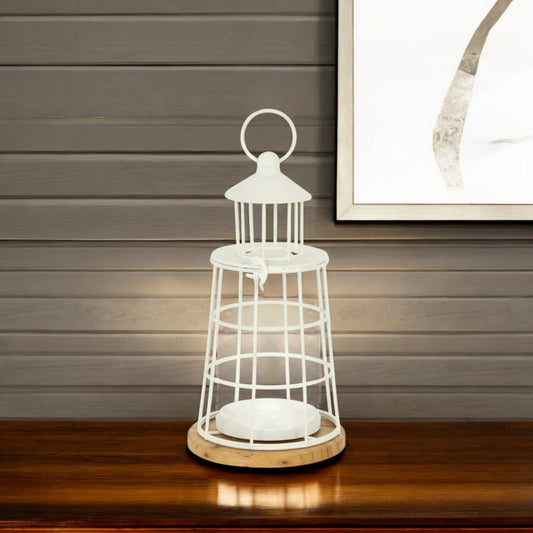 12" White And Natural Metal And Wood Lighthouse Tabletop Lantern Candle Holder - Loft&Timber