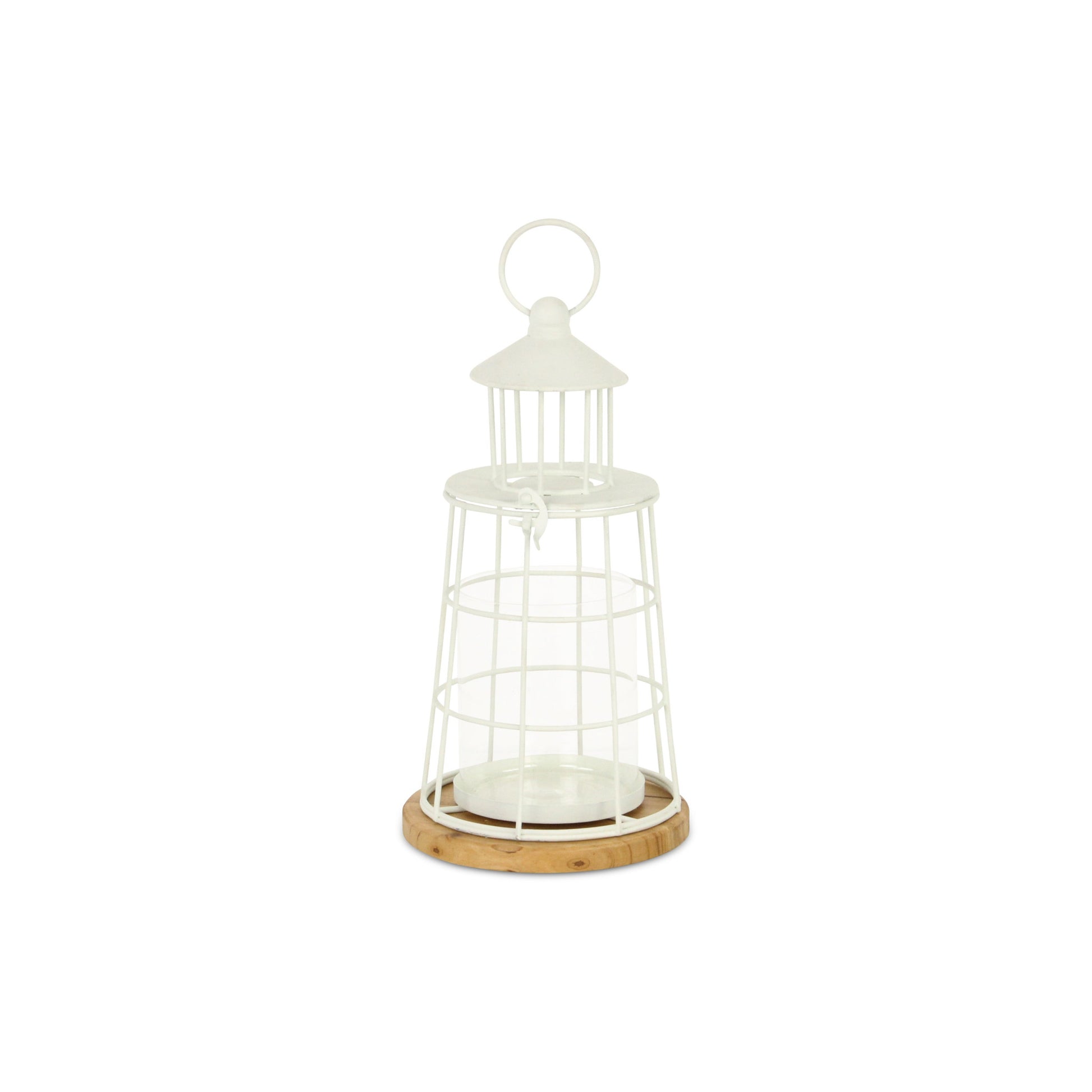12" White And Natural Metal And Wood Lighthouse Tabletop Lantern Candle Holder - Loft&Timber