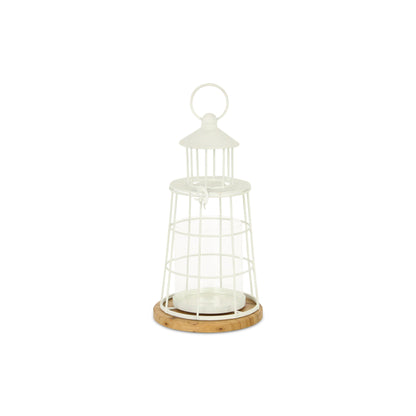 12" White And Natural Metal And Wood Lighthouse Tabletop Lantern Candle Holder - Loft&Timber