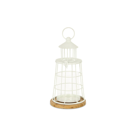 12" White And Natural Metal And Wood Lighthouse Tabletop Lantern Candle Holder - Loft&Timber