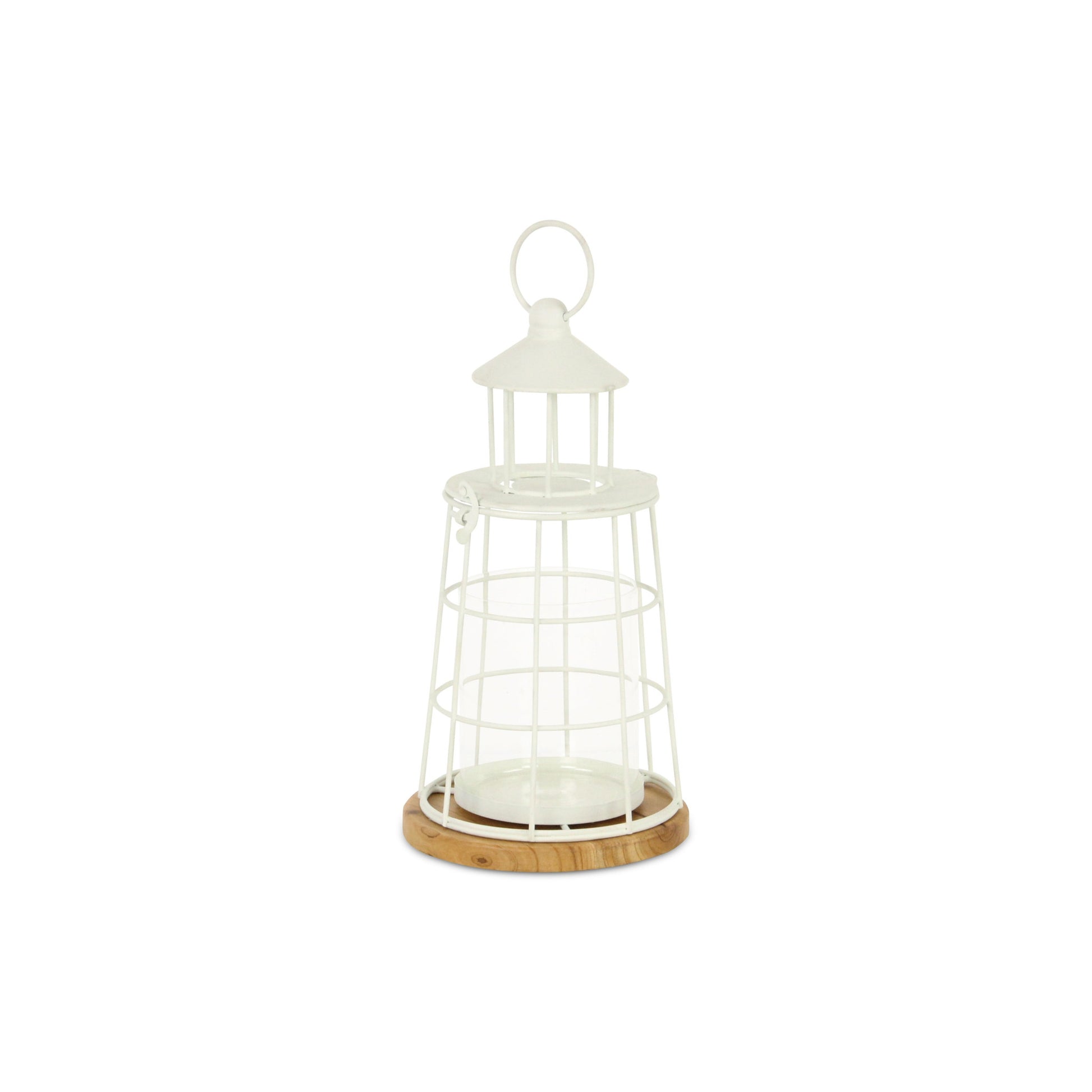 12" White And Natural Metal And Wood Lighthouse Tabletop Lantern Candle Holder - Loft&Timber