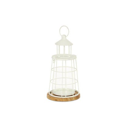 12" White And Natural Metal And Wood Lighthouse Tabletop Lantern Candle Holder - Loft&Timber