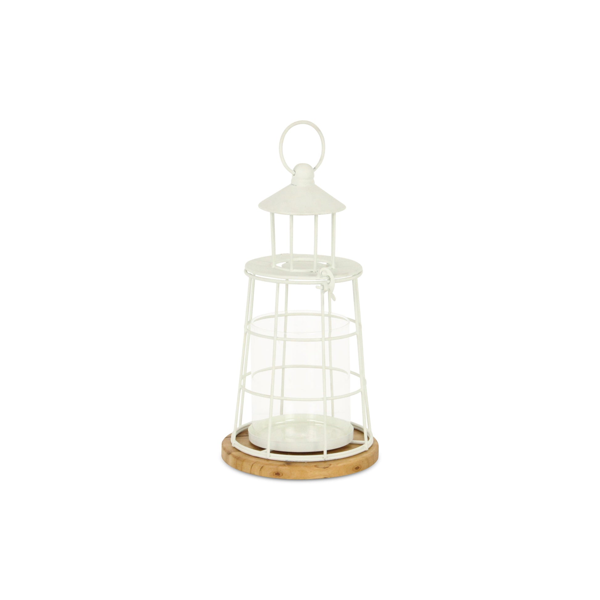 12" White And Natural Metal And Wood Lighthouse Tabletop Lantern Candle Holder - Loft&Timber