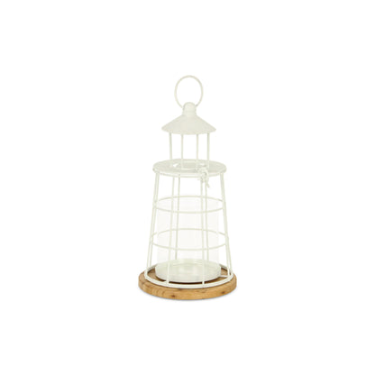 12" White And Natural Metal And Wood Lighthouse Tabletop Lantern Candle Holder - Loft&Timber