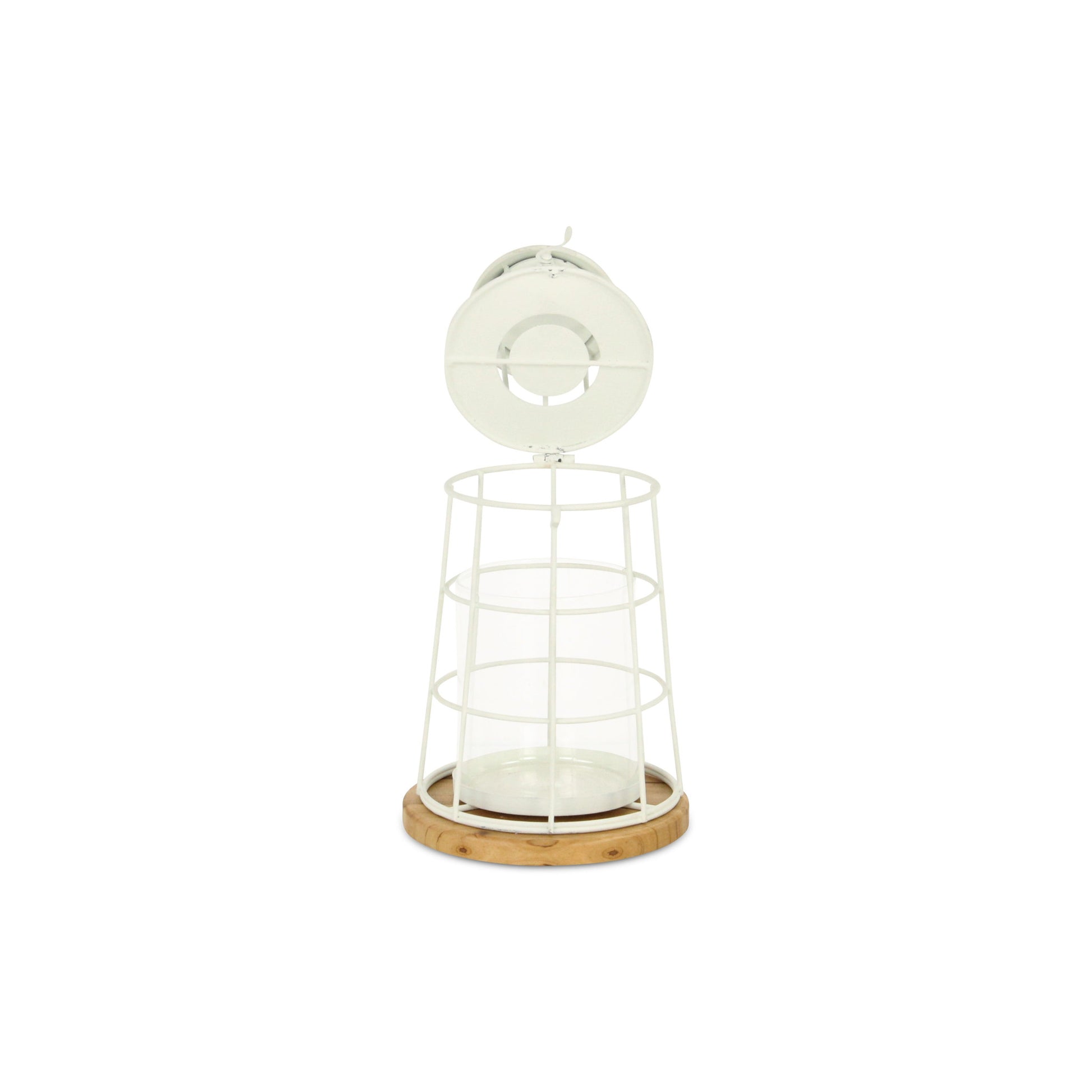 12" White And Natural Metal And Wood Lighthouse Tabletop Lantern Candle Holder - Loft&Timber