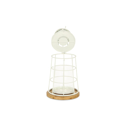 12" White And Natural Metal And Wood Lighthouse Tabletop Lantern Candle Holder - Loft&Timber