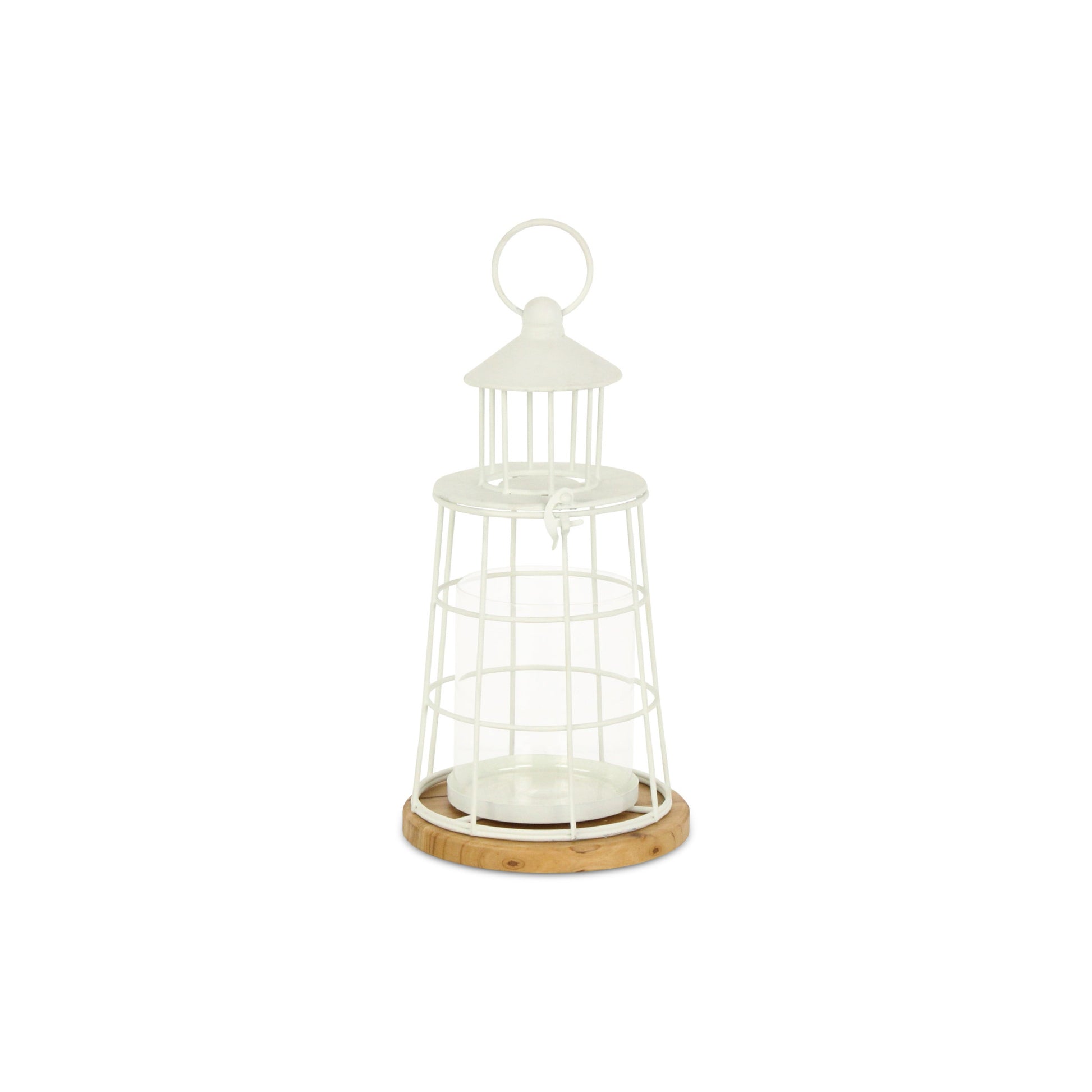 12" White And Natural Metal And Wood Lighthouse Tabletop Lantern Candle Holder - Loft&Timber