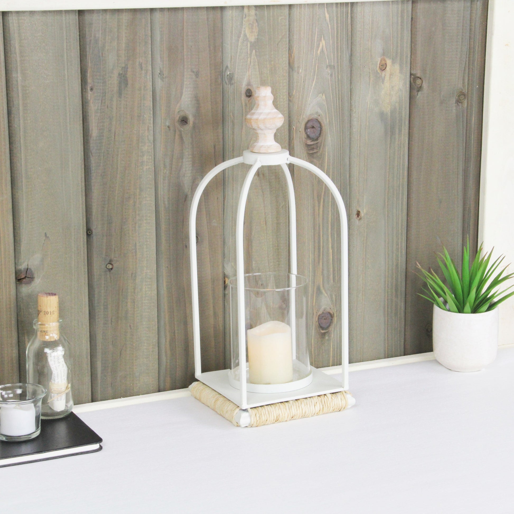 14" White Metal With Wood And Rope Tabletop Lantern Candle Holder - Loft&Timber