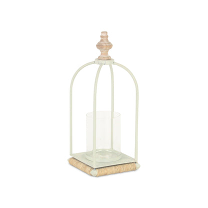 14" White Metal With Wood And Rope Tabletop Lantern Candle Holder - Loft&Timber
