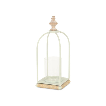 14" White Metal With Wood And Rope Tabletop Lantern Candle Holder - Loft&Timber