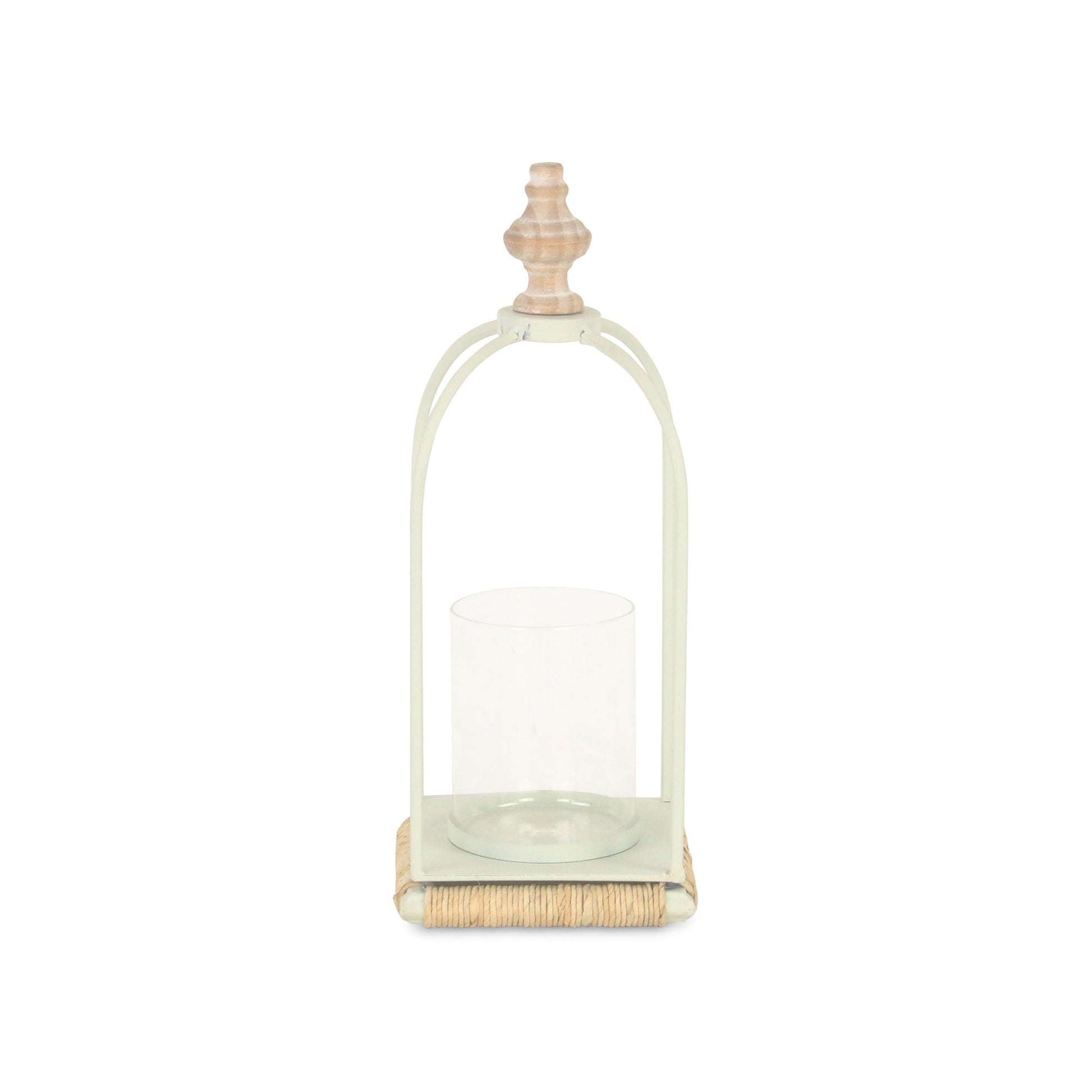 14" White Metal With Wood And Rope Tabletop Lantern Candle Holder - Loft&Timber