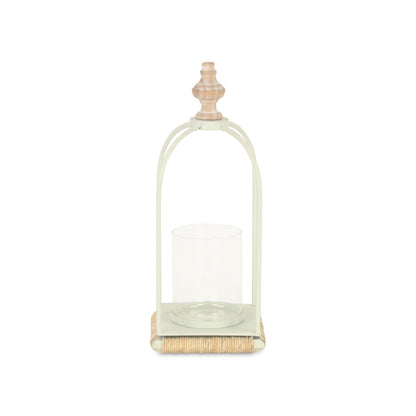 14" White Metal With Wood And Rope Tabletop Lantern Candle Holder - Loft&Timber