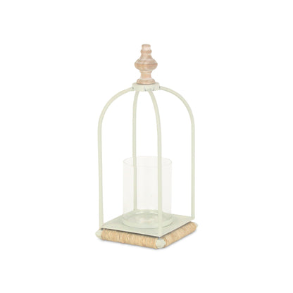 14" White Metal With Wood And Rope Tabletop Lantern Candle Holder - Loft&Timber