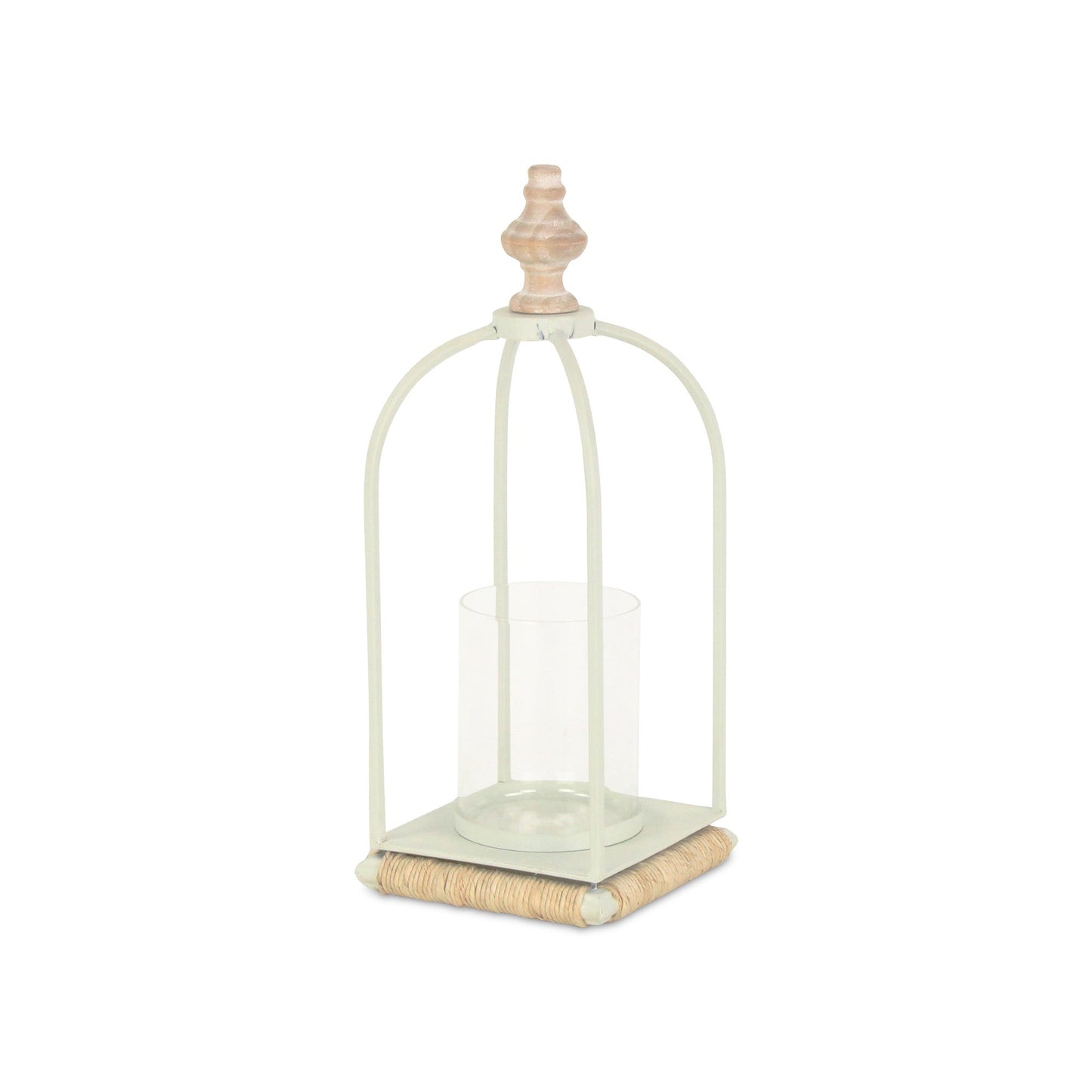 14" White Metal With Wood And Rope Tabletop Lantern Candle Holder - Loft&Timber