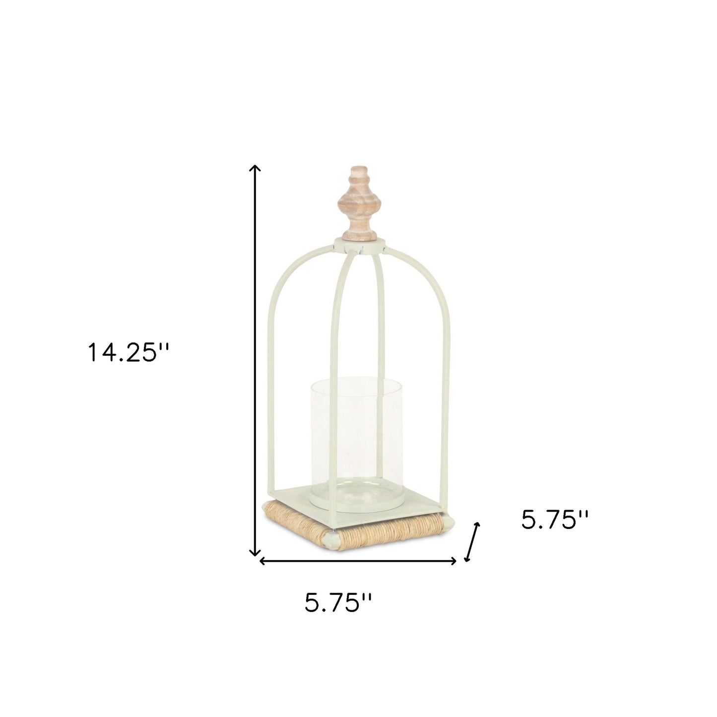 14" White Metal With Wood And Rope Tabletop Lantern Candle Holder - Loft&Timber