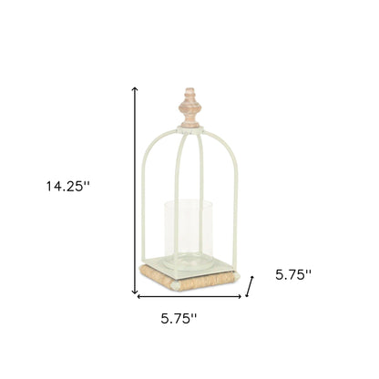 14" White Metal With Wood And Rope Tabletop Lantern Candle Holder - Loft&Timber