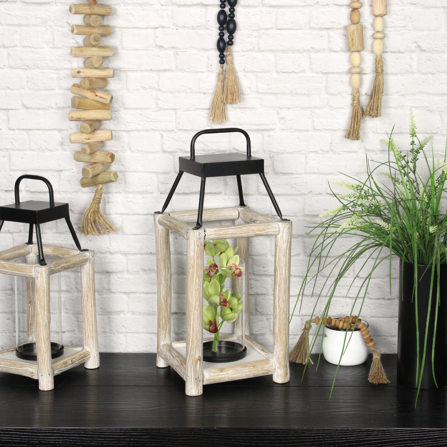 18" Black And Natural Distressed Glass Metal And Wood Tabletop Lantern Candle Holder - Loft&Timber