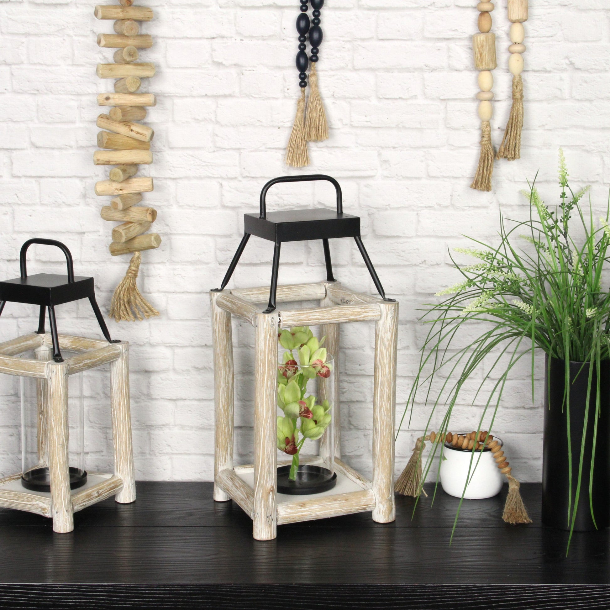18" Black And Natural Distressed Glass Metal And Wood Tabletop Lantern Candle Holder - Loft&Timber