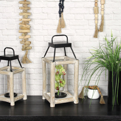 18" Black And Natural Distressed Glass Metal And Wood Tabletop Lantern Candle Holder - Loft&Timber